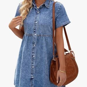 LookbookStore Women's Short Sleeve Button Down Flowy Tiered Babydoll Denim Dress